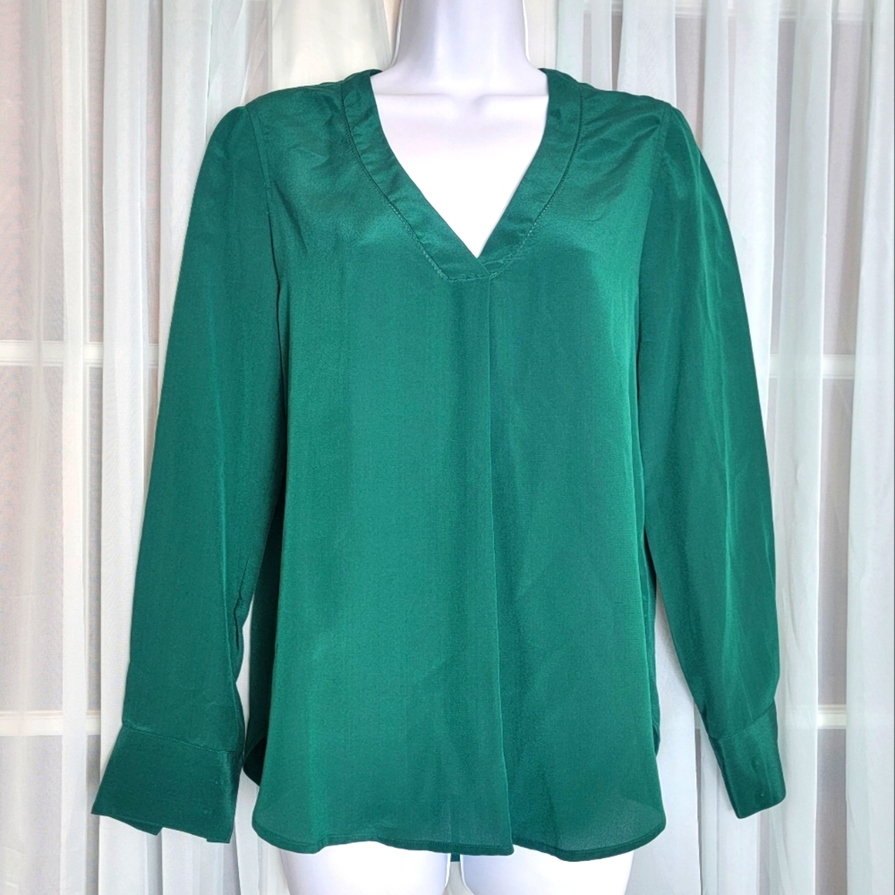 J Crew Silk Blouse Womens Sz 00 Green Long Sleeve Popover Business Career Office